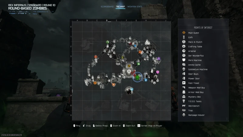 The Rex Infernus tac-map on round 10 with a player location ping right of the central chamber