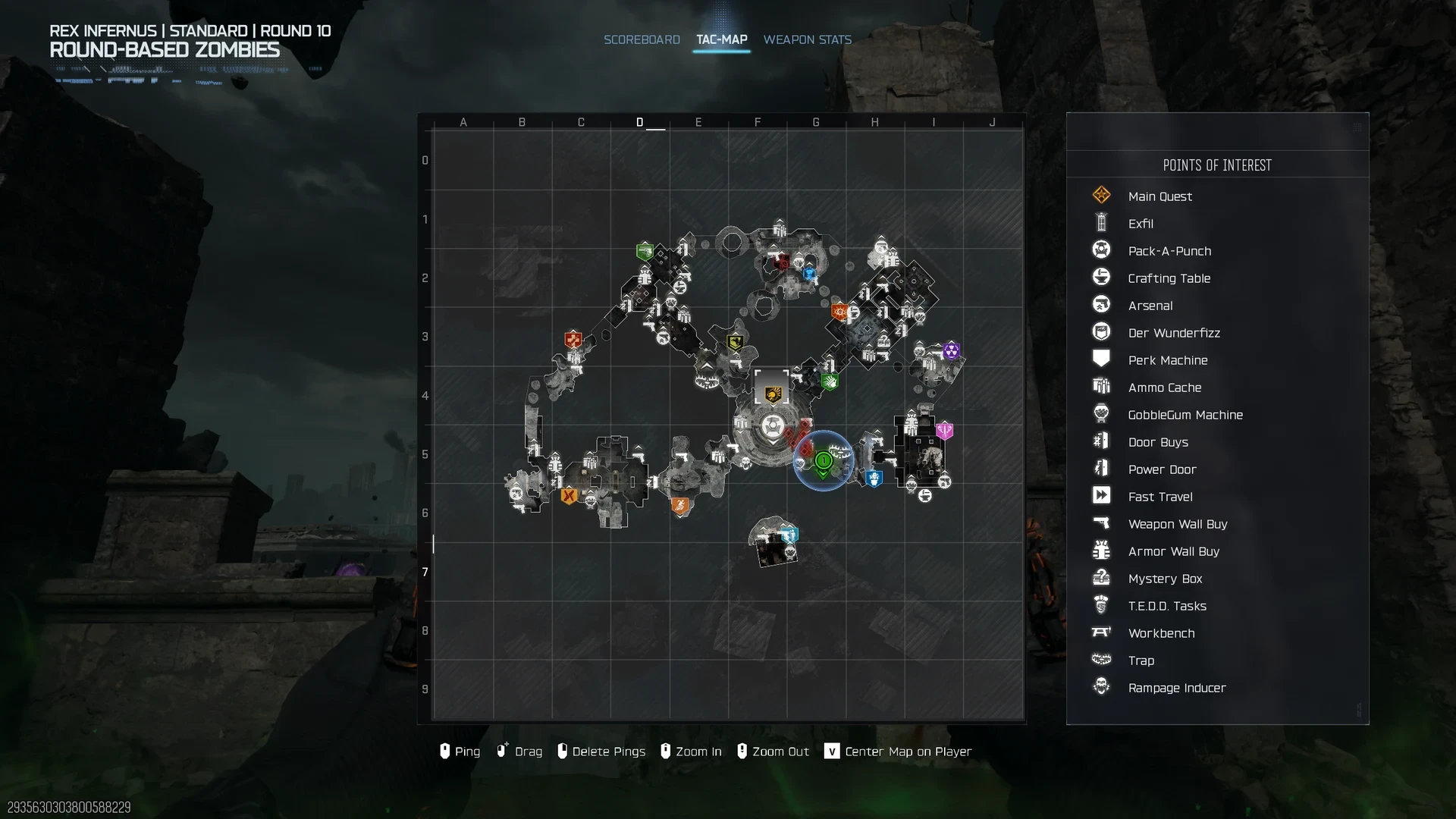The Rex Infernus tac-map on round 10 with a player location ping right of the central chamber