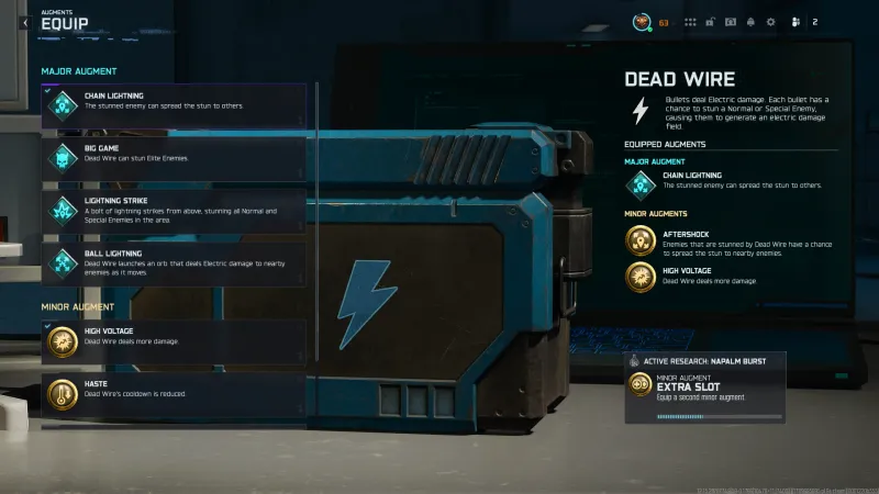 Dead Wire Augments equip screen in BO7 Zombies showing Chain Lightning, Big Game, Lightning Strike and Ball Lightning as the four Major options