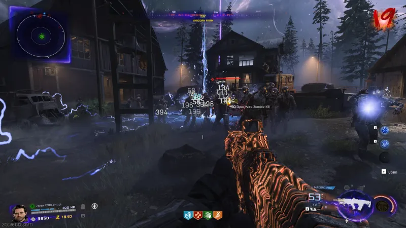Chain Lightning spreading across a wide area on Vandorn Farm in BO7 Zombies at round 19, with lightning arcs covering the ground and multiple damage numbers visible including 196 and 394