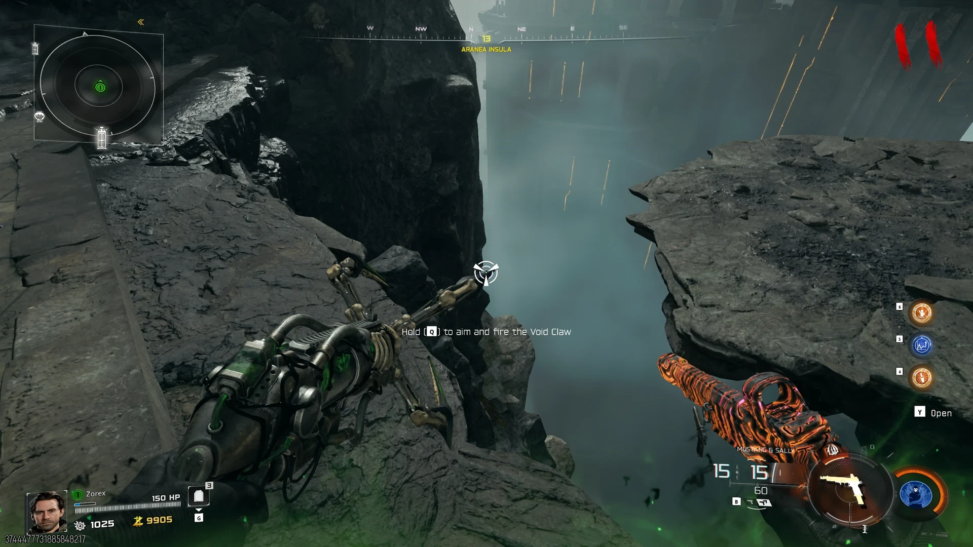 Aiming the Void Claw grapple across a deep chasm toward Aranea Insula on Rex Infernus