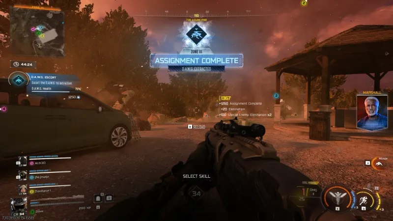 D.A.W.G. Escort assignment complete screen showing XP rewards and D.A.W.G. health bar in BO7 Endgame