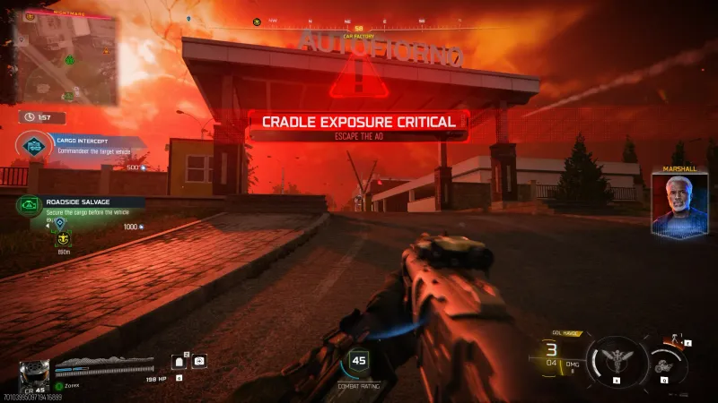 Cradle Exposure Critical escape warning with the sky turning deep red and a 2 minute timer to leave the area