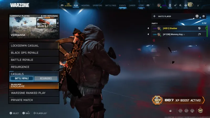 Warzone main menu showing Casuals, Endgame, and Verdansk playlist options