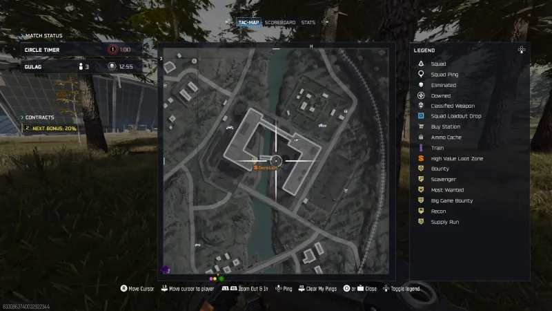 Zoomed Verdansk tac map centred on the orange Drone Labs label and the surrounding compound, with the circle timer at 1 minute and 3 players left in the gulag.