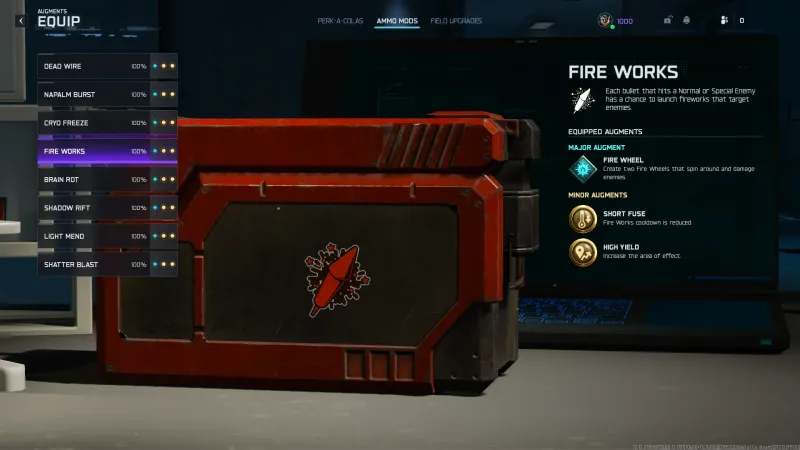 Ammo Mods research list with Fire Works highlighted and equipped augments shown at 100 percent