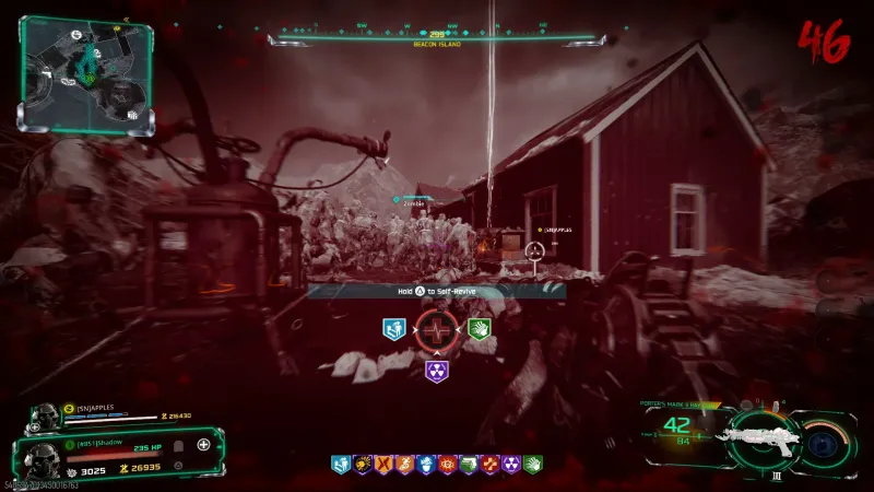 Downed at round 46 holding a Porter's Mark II Ray Gun with a horde closing in, self-revive prompt on screen
