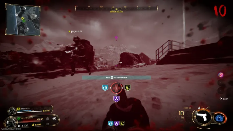 Downed at round 12 on Beacon Island holding a Jager 45 pistol, with the self-revive prompt on screen