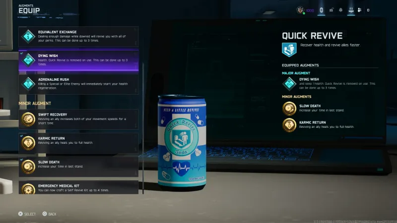 Quick Revive augment select screen with Dying Wish highlighted as the equipped Major