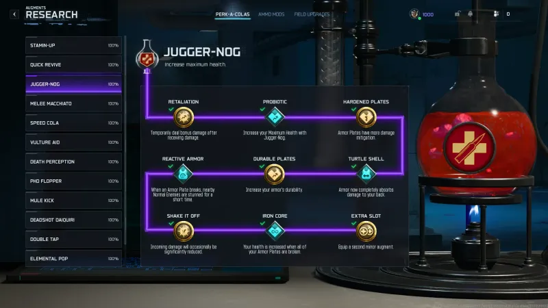 Jugger-Nog research grid showing all nine augments unlocked at 100 percent in a three by three layout