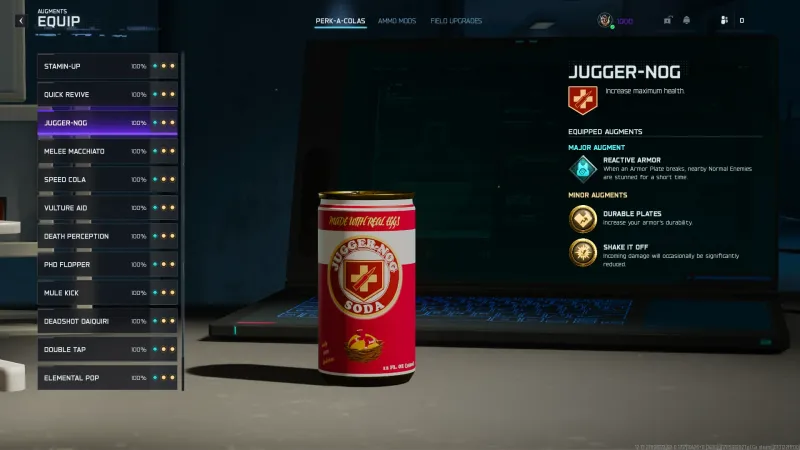 Jugger-Nog equip screen confirming Reactive Armor equipped as the Major augment