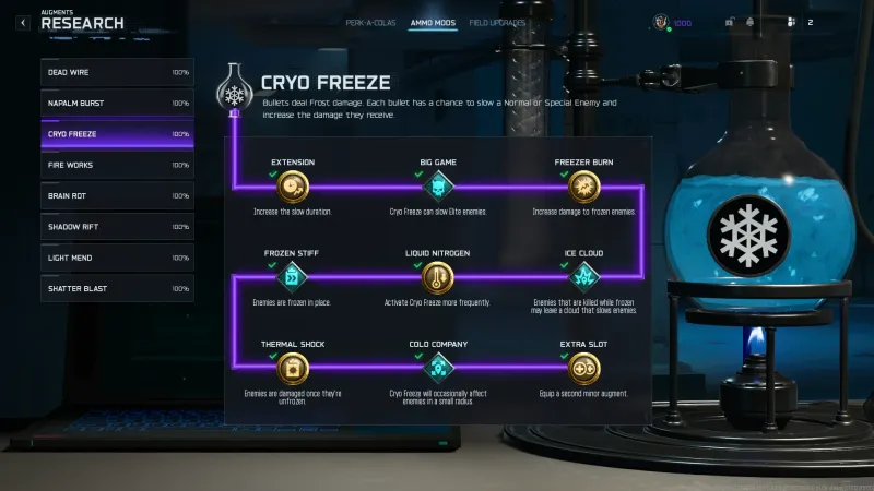 The Cryo Freeze research grid in Black Ops 7 Zombies at 100 percent, showing all nine augments across three rows with their in-game descriptions