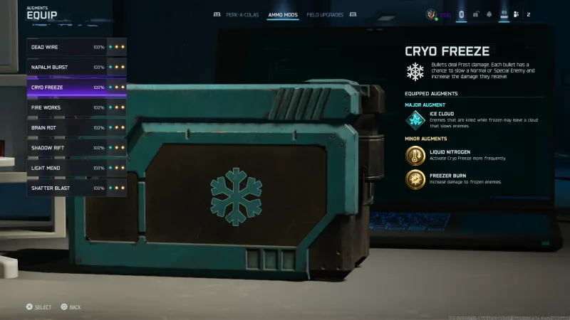 The Cryo Freeze equip screen in Black Ops 7 Zombies with Ice Cloud as the Major augment and Liquid Nitrogen and Freezer Burn as the two Minors