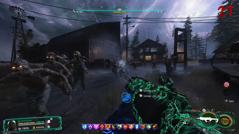 A horde closing in at round 27 on Vandorn Farm in Black Ops 7 Zombies with a single frozen enemy among them
