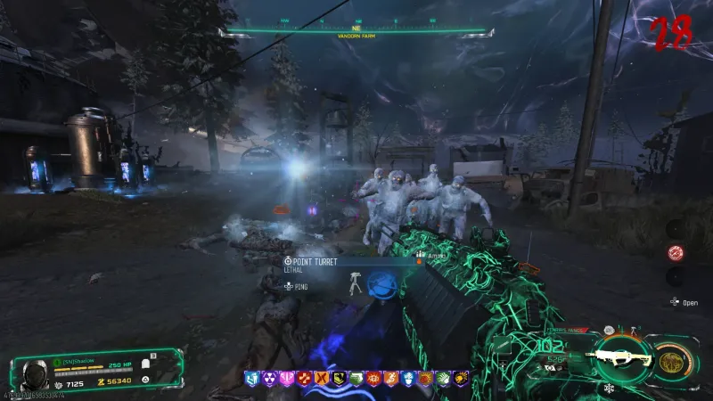 A tight group of frozen zombies with an ice burst hanging over the ground at round 28 on Vandorn Farm in Black Ops 7 Zombies