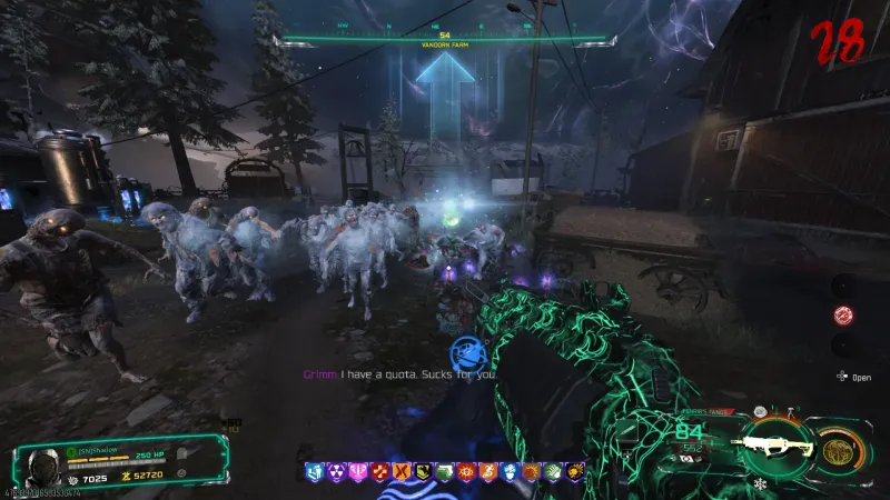 A train of about ten zombies frozen solid at once at round 28 on Vandorn Farm in Black Ops 7 Zombies.