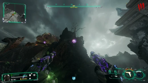 Pulling the purple orb into the Nexus Forge Pack-a-Punch to start the Warden's Blight build on Rex Infernus