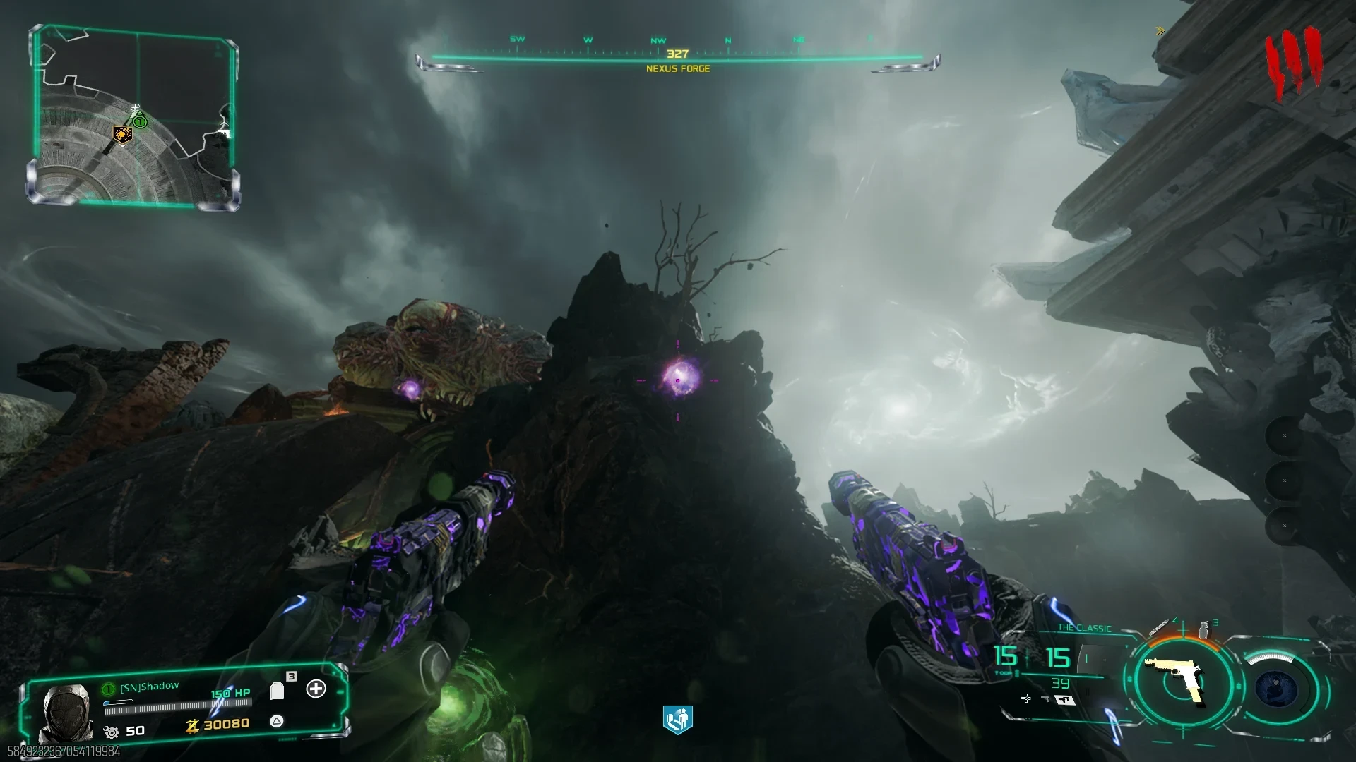 Pulling the purple orb into the Nexus Forge Pack-a-Punch to start the Warden's Blight build on Rex Infernus