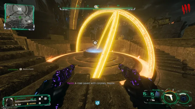 A glowing gold portal ring stands over a basin at Nexus Forge as Twins delivers dialogue on screen.