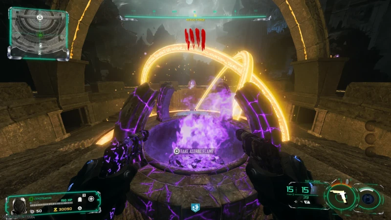 Purple flames burn in a basin under a golden arch with a prompt to take the Astral Flame.