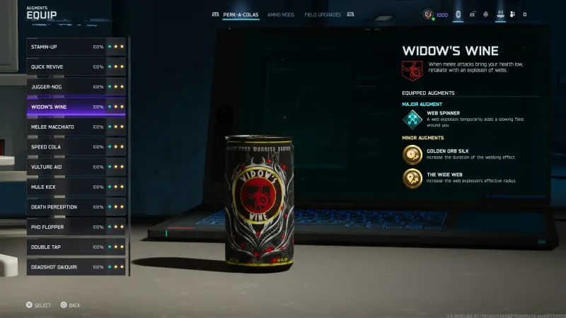 Perk-a-Cola augment list showing Widow's Wine and every other perk fully researched at 100 percent