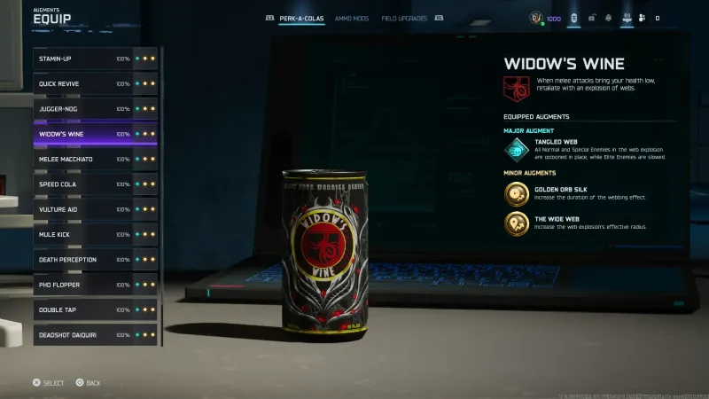 Widow's Wine equip screen showing Tangled Web as the Major augment with Golden Orb Silk and The Wide Web equipped as Minors