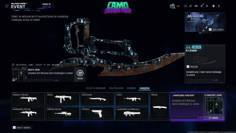 The animated Death Row mastery camo on the Arcblade in Black Ops 7, rusted metal with ghostly faces trapped behind a window