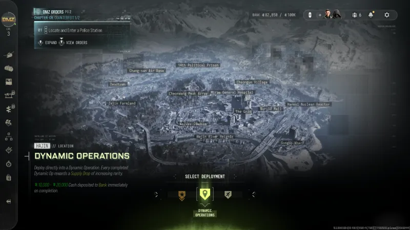 MW4 DMZ Select Deployment screen with Dynamic Operations highlighted and the 10,000 to 20,000 cash payout on completion