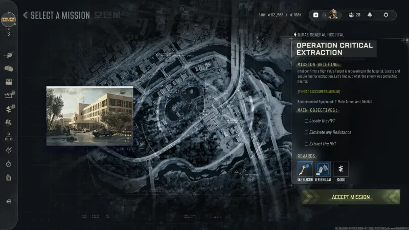 MW4 DMZ mission details for Operation Critical Extraction at Mirae General Hospital with briefing, MEDIUM threat, objectives and rewards
