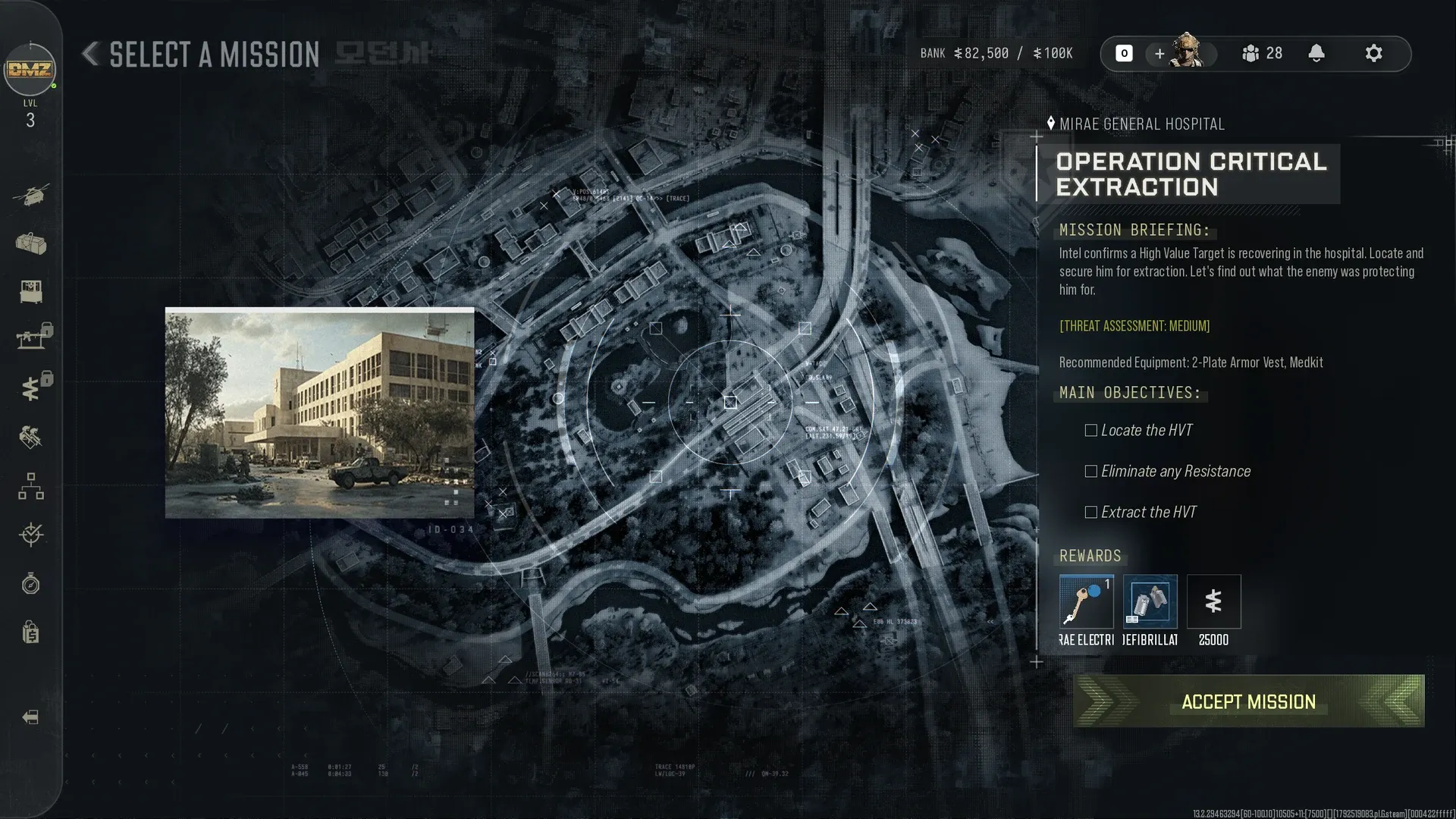 MW4 DMZ mission details for Operation Critical Extraction at Mirae General Hospital with briefing, MEDIUM threat, objectives and rewards