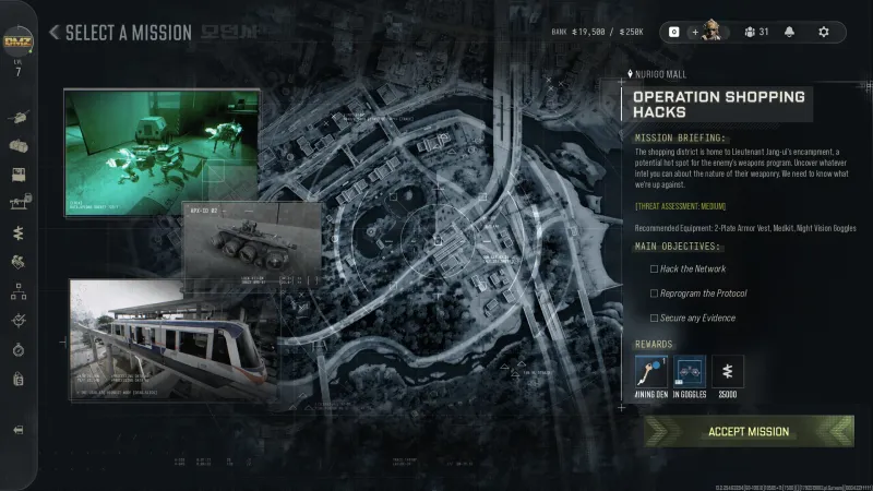 MW4 DMZ Select a Mission screen with Operation Shopping Hacks at NuriGO Mall, showing the briefing, Medium threat, recommended equipment and rewards