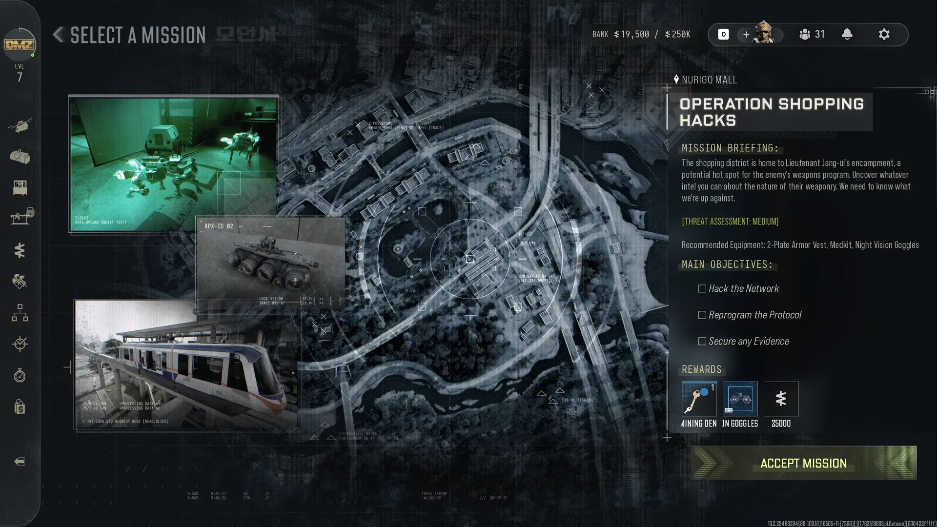MW4 DMZ Select a Mission screen with Operation Shopping Hacks at NuriGO Mall, showing the briefing, Medium threat, recommended equipment and rewards