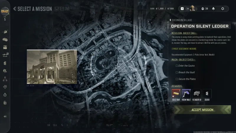 MW4 DMZ Operation Silent Ledger mission select screen with Cheongun Village map, casino photo, Medium threat and rewards