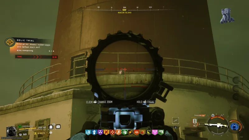 Mr. Peeks egg visible through sniper scope on the Beacon Island lighthouse ledge in Totenreich Stuffed Elephant relic trial