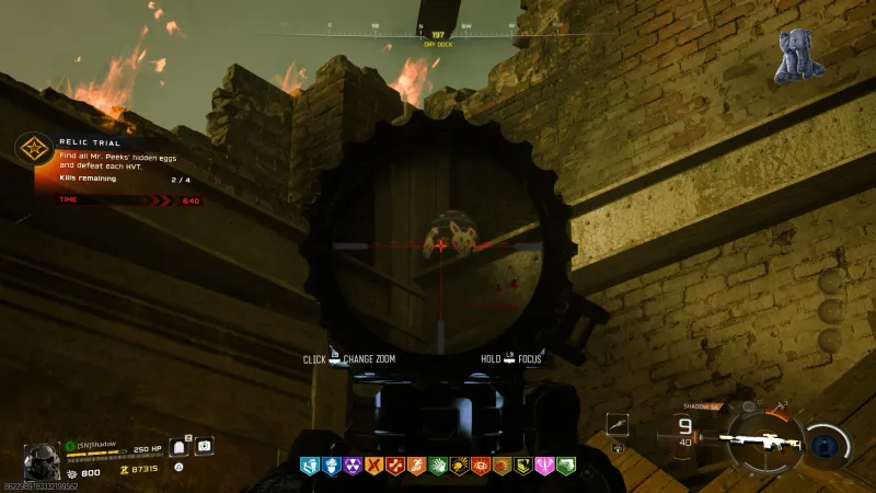 Mr. Peeks egg visible through sniper scope in the Dry Dock warehouse near Melee Macchiato in Totenreich Stuffed Elephant relic trial