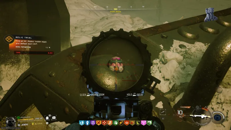 Mr. Peeks egg visible through sniper scope at Storm Bridge near the robot foot in Totenreich Stuffed Elephant relic trial