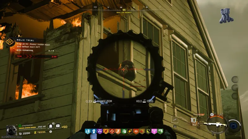 Mr. Peeks egg visible through sniper scope at Skallen Market in Totenreich Stuffed Elephant relic trial