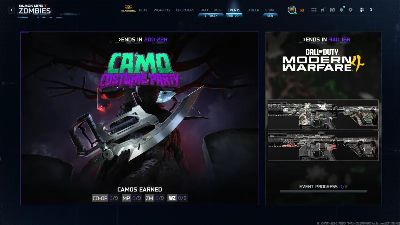 The Camo Costume Party event tile in the Black Ops 7 Events menu showing camos earned at 0 of 9 for Co-Op, Multiplayer, Zombies and Warzone