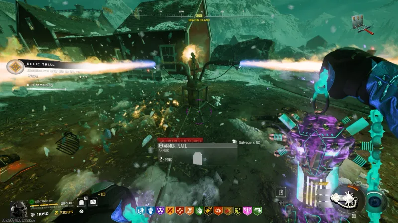 Fire trap in action during the Power Switch relic trial on Totenreich with flames killing zombies and Relic Trial indicator visible