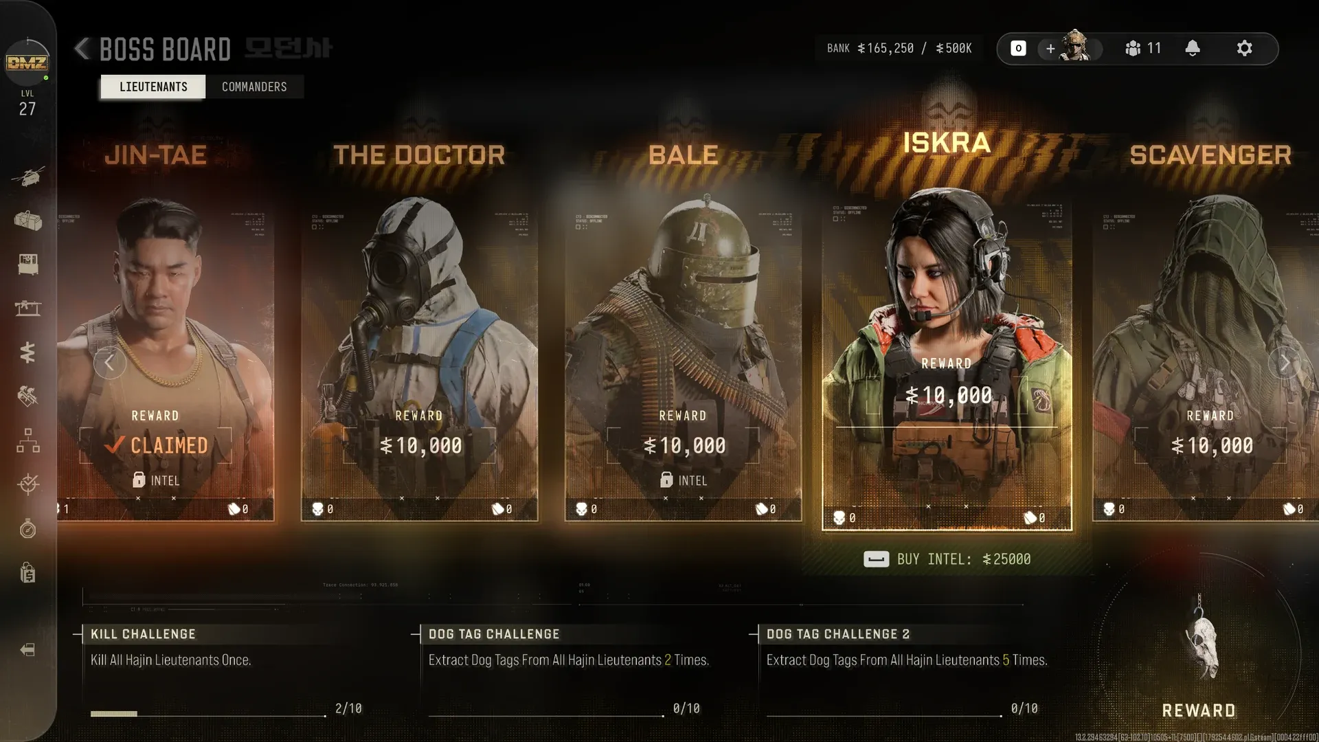 MW4 DMZ Boss Board Lieutenants tab with Jin-Tae, The Doctor, Bale, Iskra and Scavenger and a Buy Intel 25000 prompt