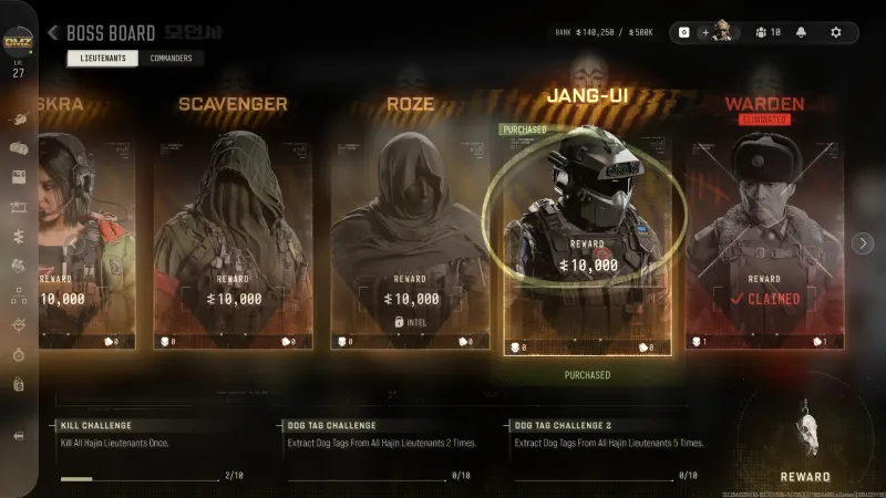MW4 DMZ Boss Board with intel purchased on Lieutenant Jang-Ui, showing the green Purchased badge