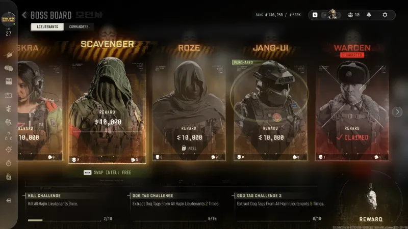 MW4 DMZ Boss Board with Scavenger selected and the Swap Intel Free prompt after buying intel