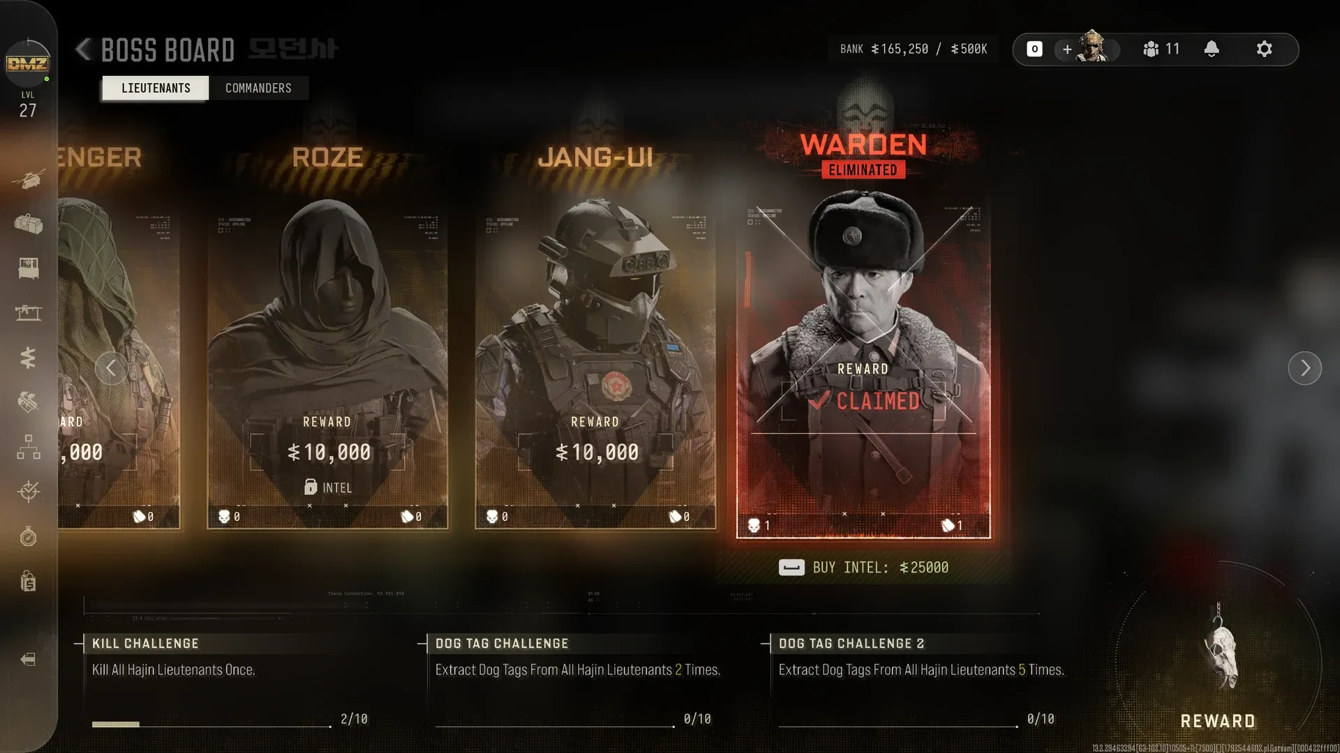MW4 DMZ Boss Board Lieutenants tab with Scavenger, Roze, Jang-Ui and the Warden marked eliminated and claimed