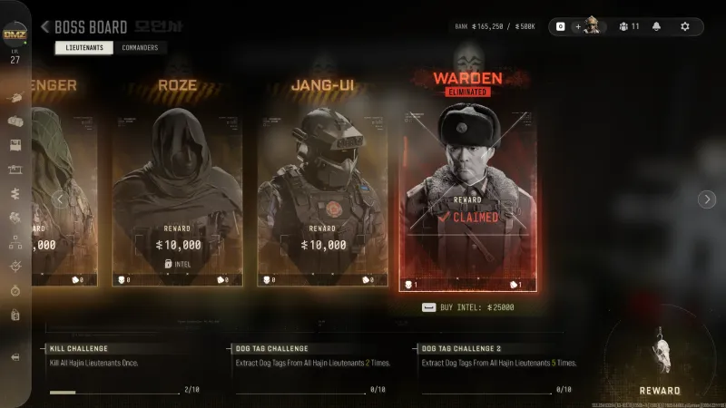 MW4 DMZ Boss Board Lieutenants tab with Scavenger, Roze, Jang-Ui and the Warden marked eliminated and claimed