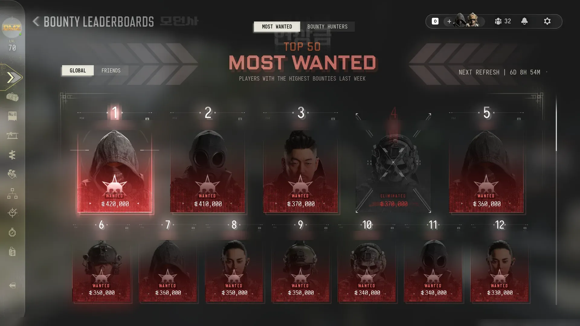 MW4 DMZ Bounty Leaderboards screen with the Top 50 Most Wanted, the top bounty at 420,000 and one eliminated player crossed out
