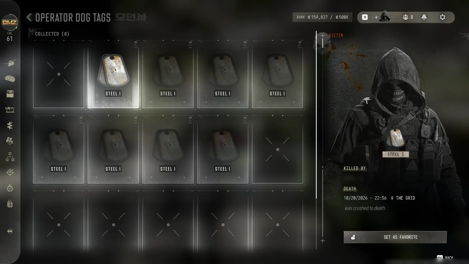 MW4 DMZ Operator Dog Tags case with eight collected Steel I tags and a death in The Grid