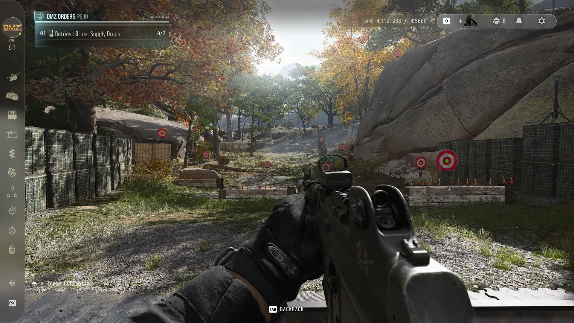MW4 DMZ FOB firing range in first person, aiming a red dot rifle at targets past the 50 meter marker