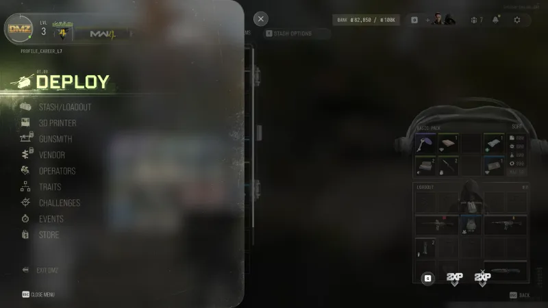 MW4 DMZ FOB menu at level 3 listing every station, with the Gunsmith and Vendor still locked