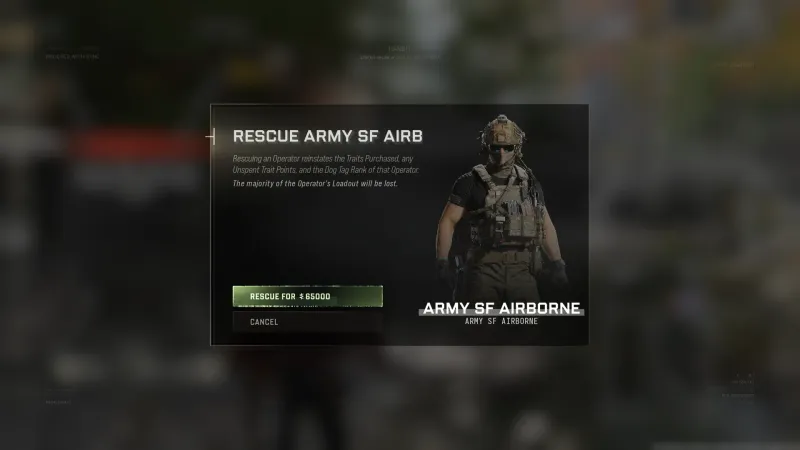 MW4 DMZ rescue dialog for an MIA Army SF Airborne Operator costing 65,000 cash