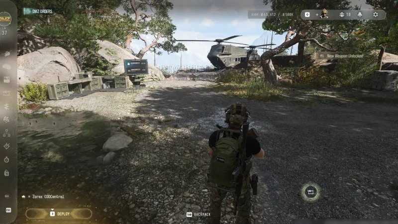 MW4 DMZ FOB area next to the transport helicopter with the progress board for 3D Printer recipes and Gunsmith weapons